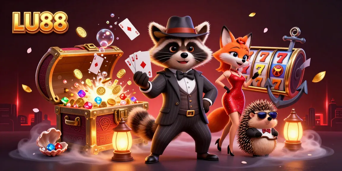 LU88 players enjoy the excitement of a royal flush in a vibrant casino atmosphere with charming characters.
