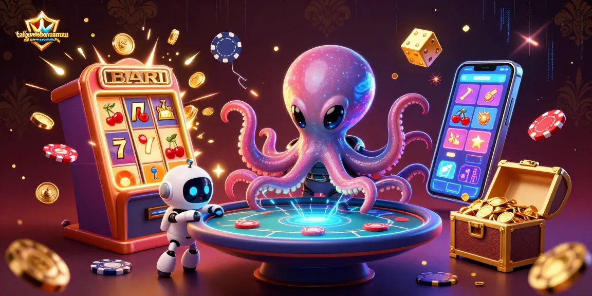 Engage with taigamebancaanxu as an alien octopus plays poker amidst a casino explosion of rewards.