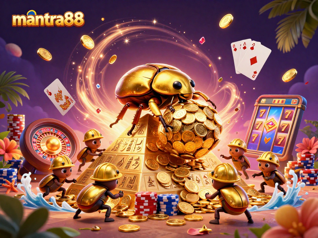 Experience thrilling wins at mantra88 with a golden beetle rolling coins in an enchanting casino.