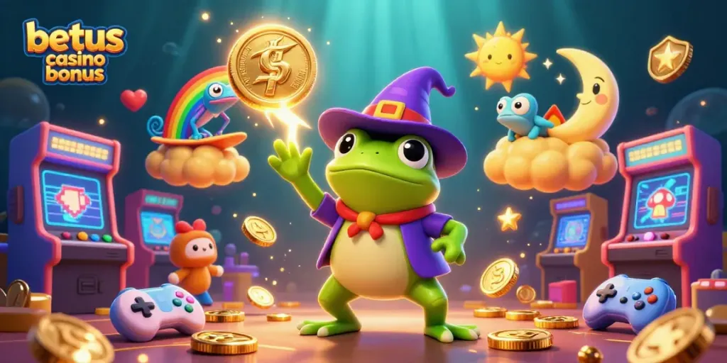 Engage with the betus casino bonus in an enchanting 3D casino scene bursting with vibrant characters and golden coins.